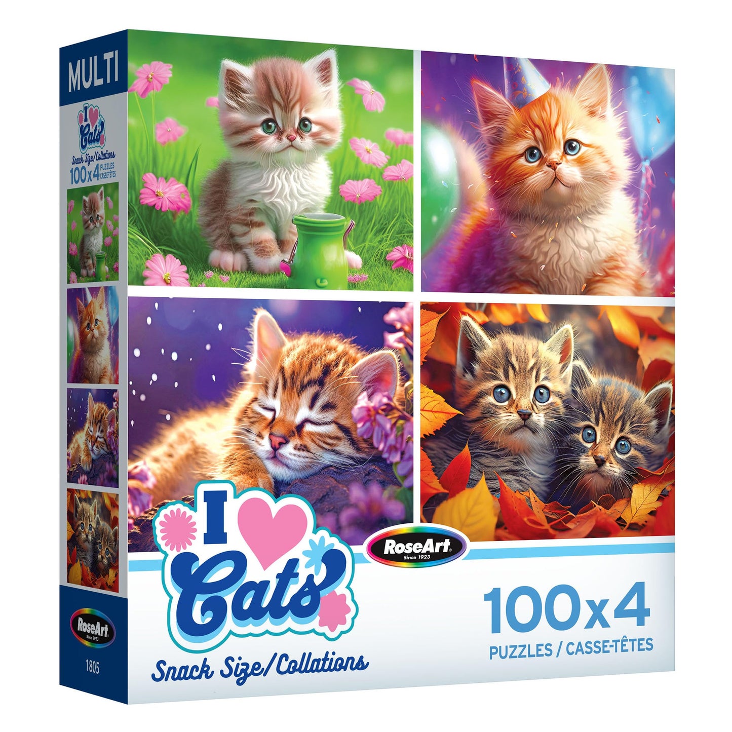 RoseArt Snack Size Multi-Puzzle Set, I Love Cats, 4x100 Pieces, Cardboard, Multi-colored, Model 1805ZZC-6