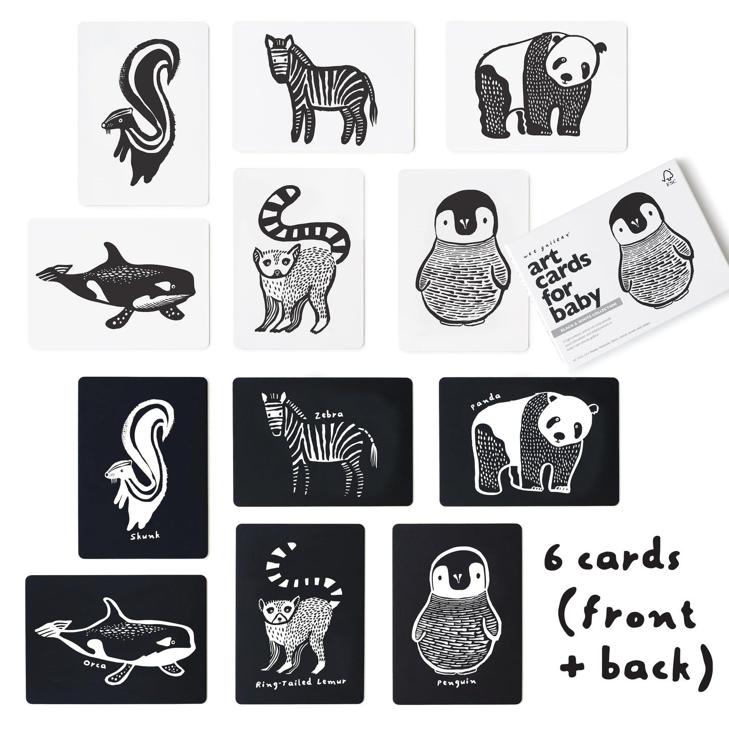 Wee Gallery Black And White Animal Art Cards For Babies, Durable High Contrast Vision Cards, Brain Development Educational Learning Tool For Newborn, Infant, Baby, Toddler - Black And White Animals