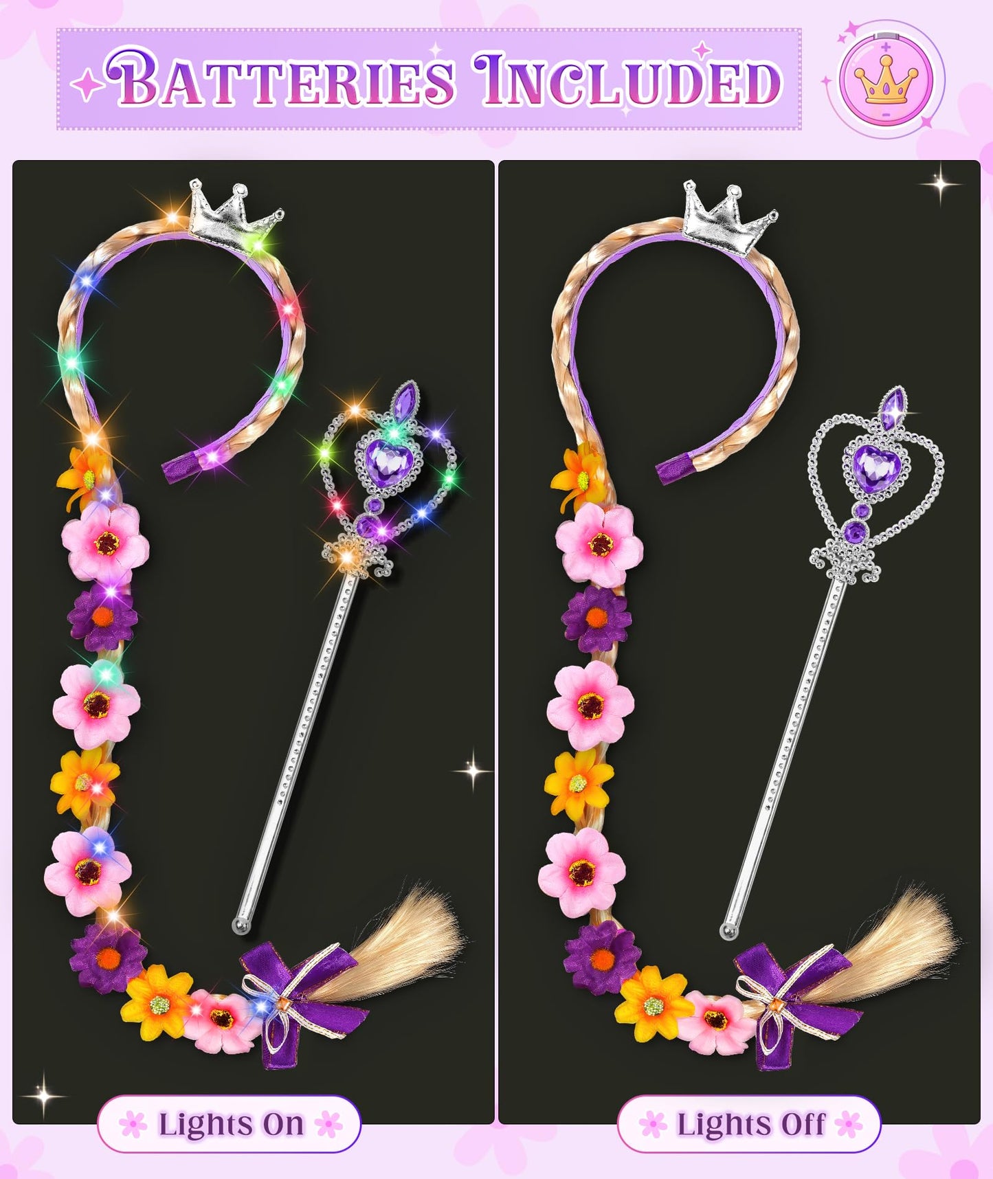 DUDUCOFU Princess Accessories with LED Lights for Little Girls, Glowing Braided Wig with Tiara Wand Toys for Girls Gift 3 4 5 6
