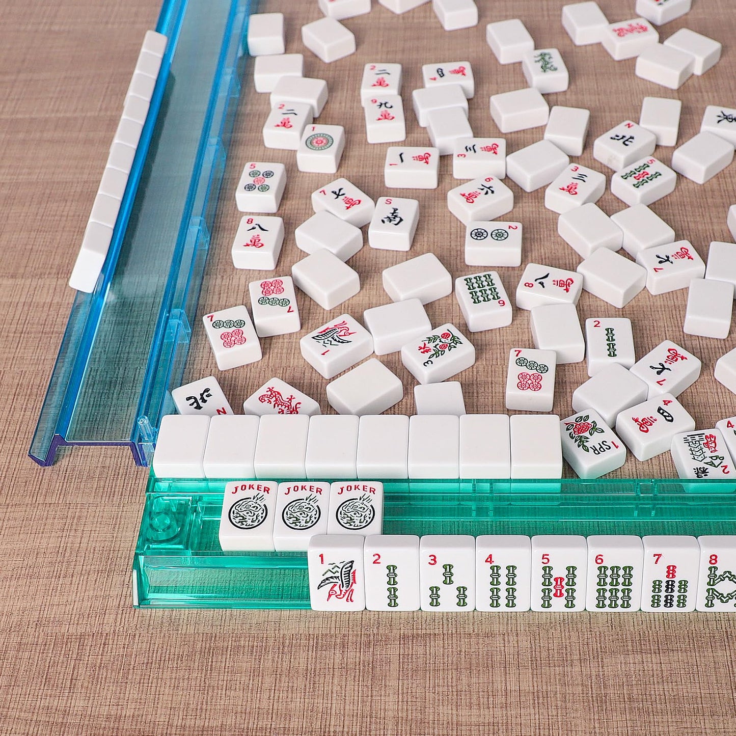 Tiasusan American Mahjong Game Set, 166 Light Green Tiles, Blue Bag With Entire Accessories, 4 All-In-One Rack/Pushers, Mahjong