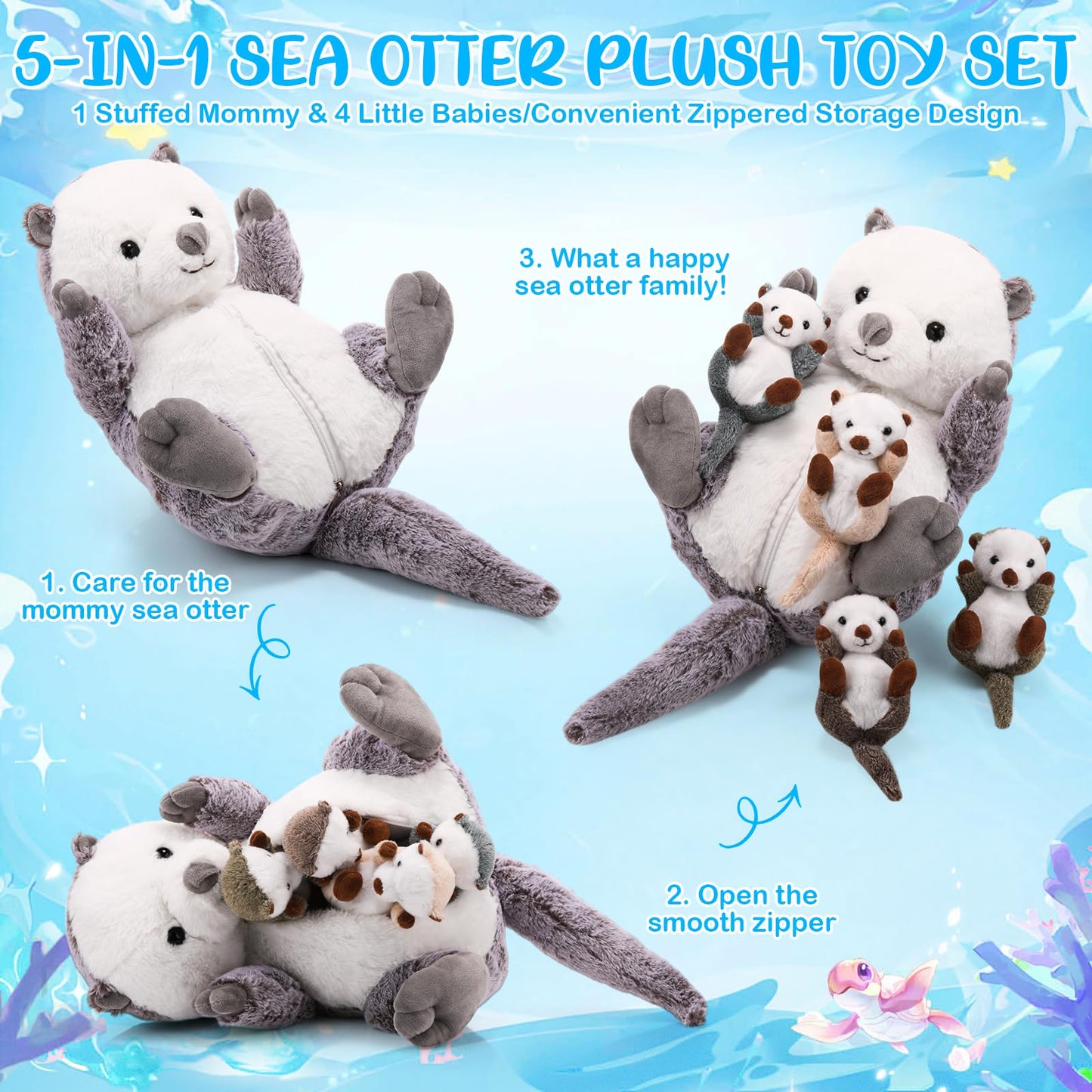 Shappy 5 Pcs Sea Otter Stuffed Animals Large Mommy Sea Otter Stuffy Plush With 4 Cute Babies In Her Zippered Belly Soft Cuddly Plushies For Boys Girls Birthday Gifts Ocean Party Decors(Gray)
