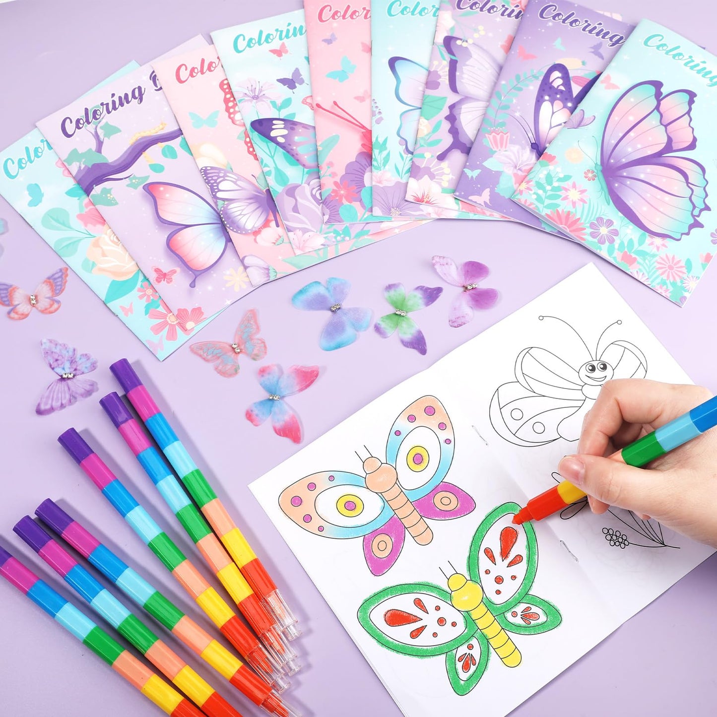 BenLouis 24 Butterfly Mini Coloring Books Kids with 24 Stacking Crayons Butterfly Theme Party Favors Activity Books Bulk for Kid
