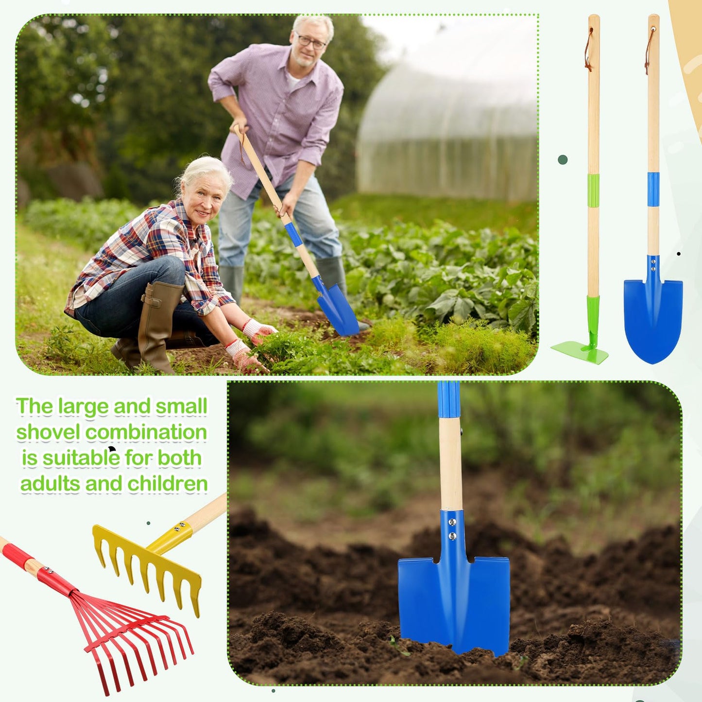 Motionchic 16 PCS Kids Gardening Tools, Long Shovel, Rake for Leaves, Spade, Hoe, Steel Heads and Real Wood Handle, Yard Tools f