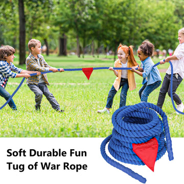 Tug of a War Rope for Kids and mature-themed  Tag o War Ropes with Flag for Outdoor  Outside Carnival  Lawn  Field  Team Building Game  Safety Cord for School and Church  Blue 25FT