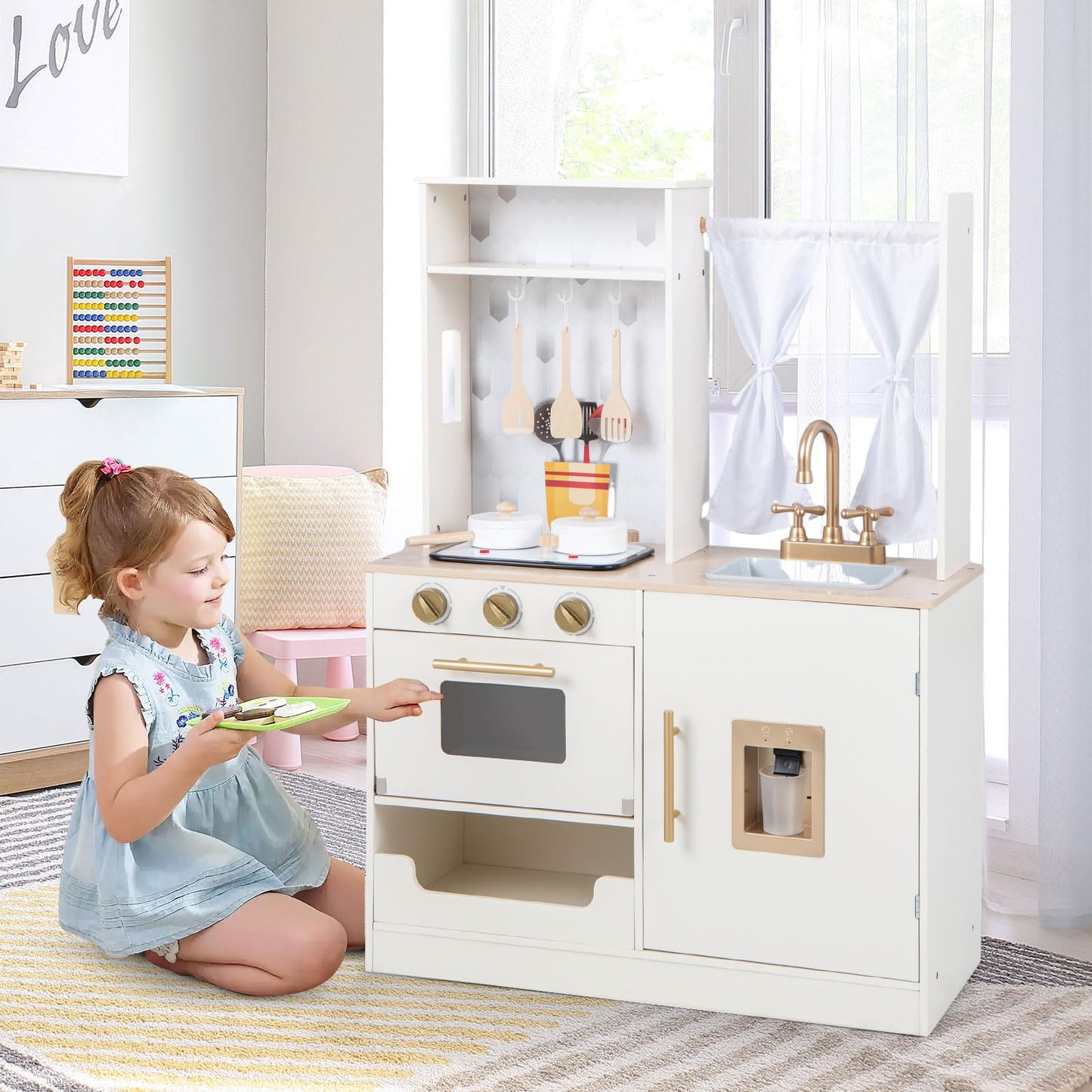 INFANS Kid Kitchen Playset, Toddler Wooden Pretend Cooking Set with Stove, Sink, Microwave, Storage Cabinet, Play Kitchen Toy Se