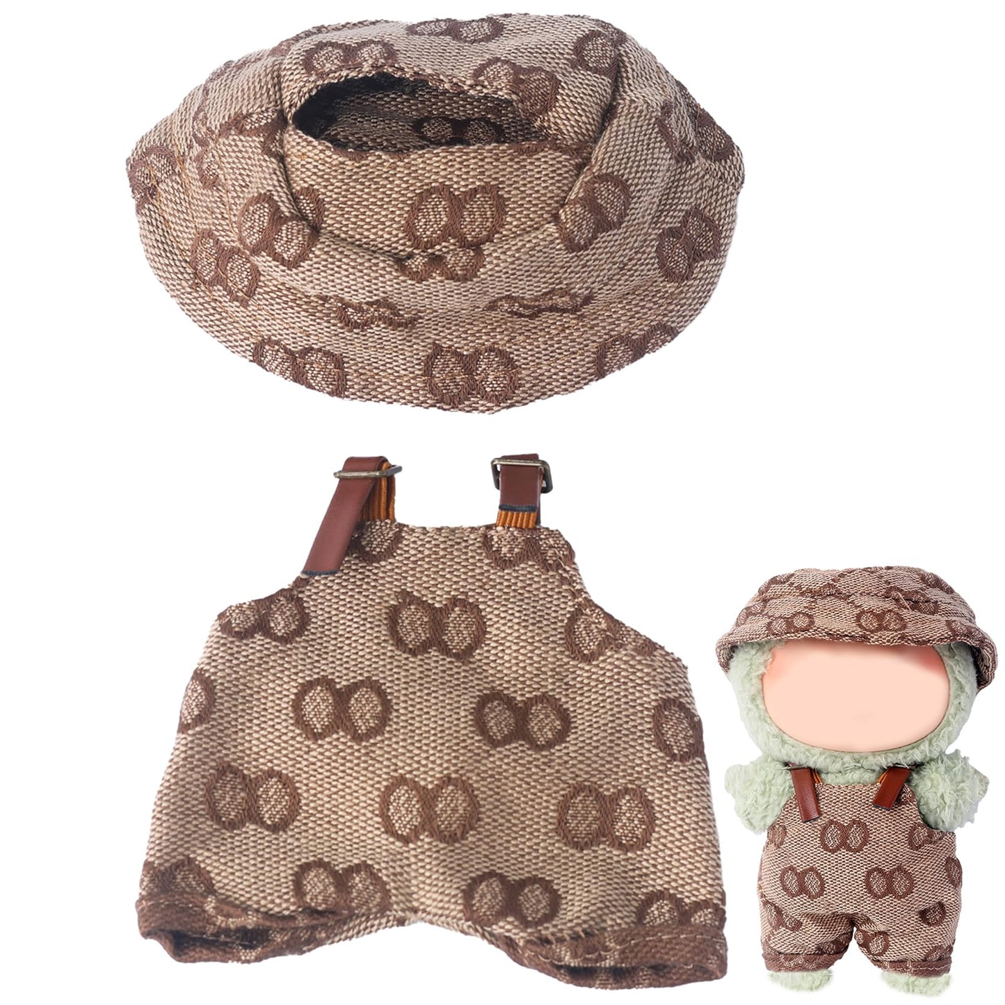 Beem Jun Clothes Set for Labubu 17cm Dolls(NO Doll)  Cute Hat & Unique Pocket Design Overalls Dress-up Set (Overalls(Khaki and White))