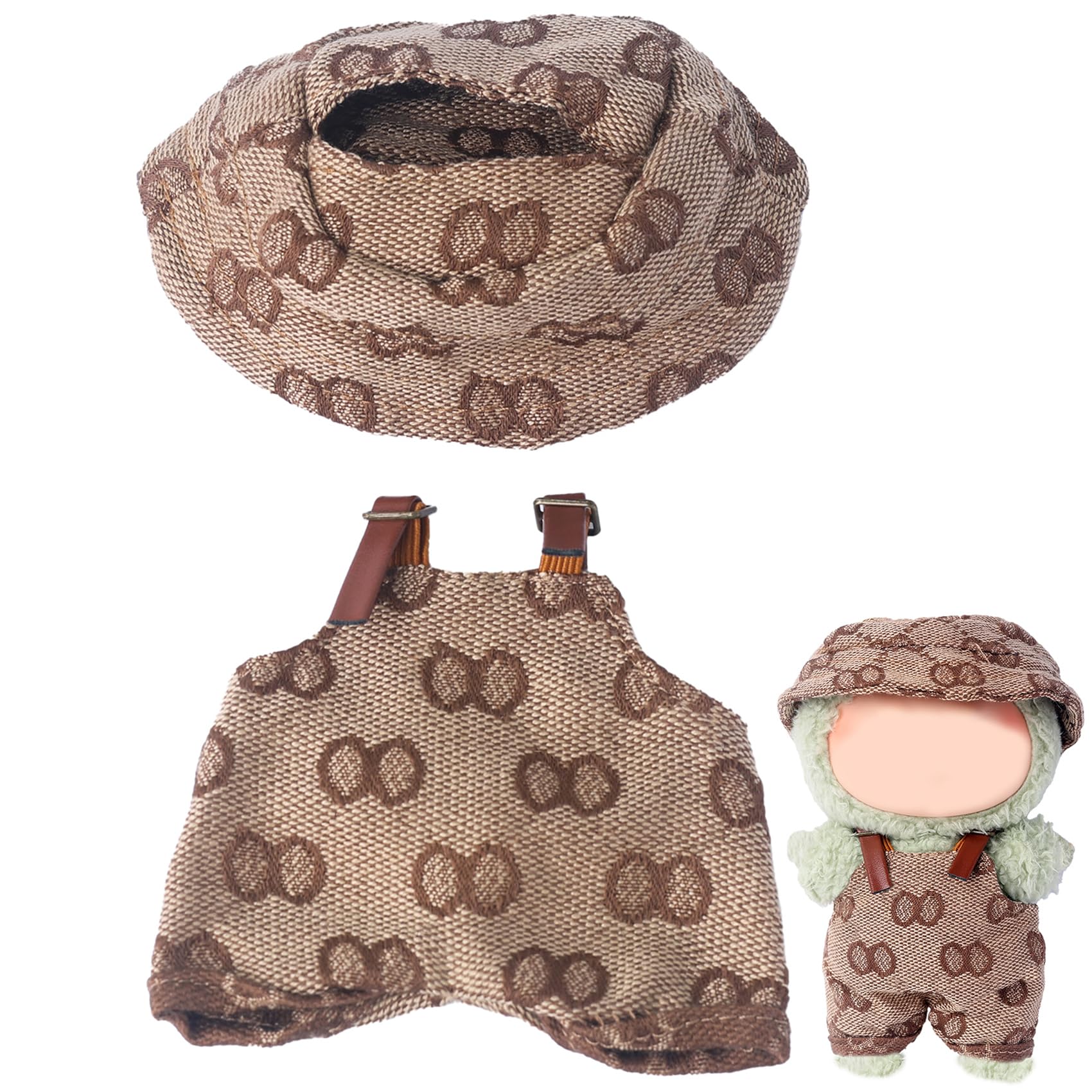 Beem Jun Clothes Set for Labubu 17cm Dolls(NO Doll)  Cute Hat & Unique Pocket Design Overalls Dress-up Set (Overalls(Khaki and White))