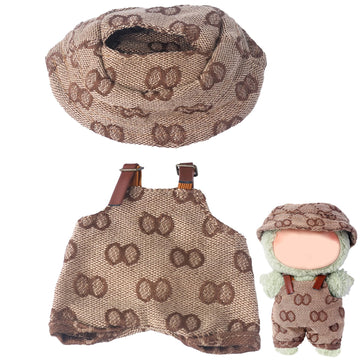 Beem Jun Clothes Set for Labubu 17cm Dolls(NO Doll)  Cute Hat & Unique Pocket Design Overalls Dress-up Set (Overalls(Khaki and White))