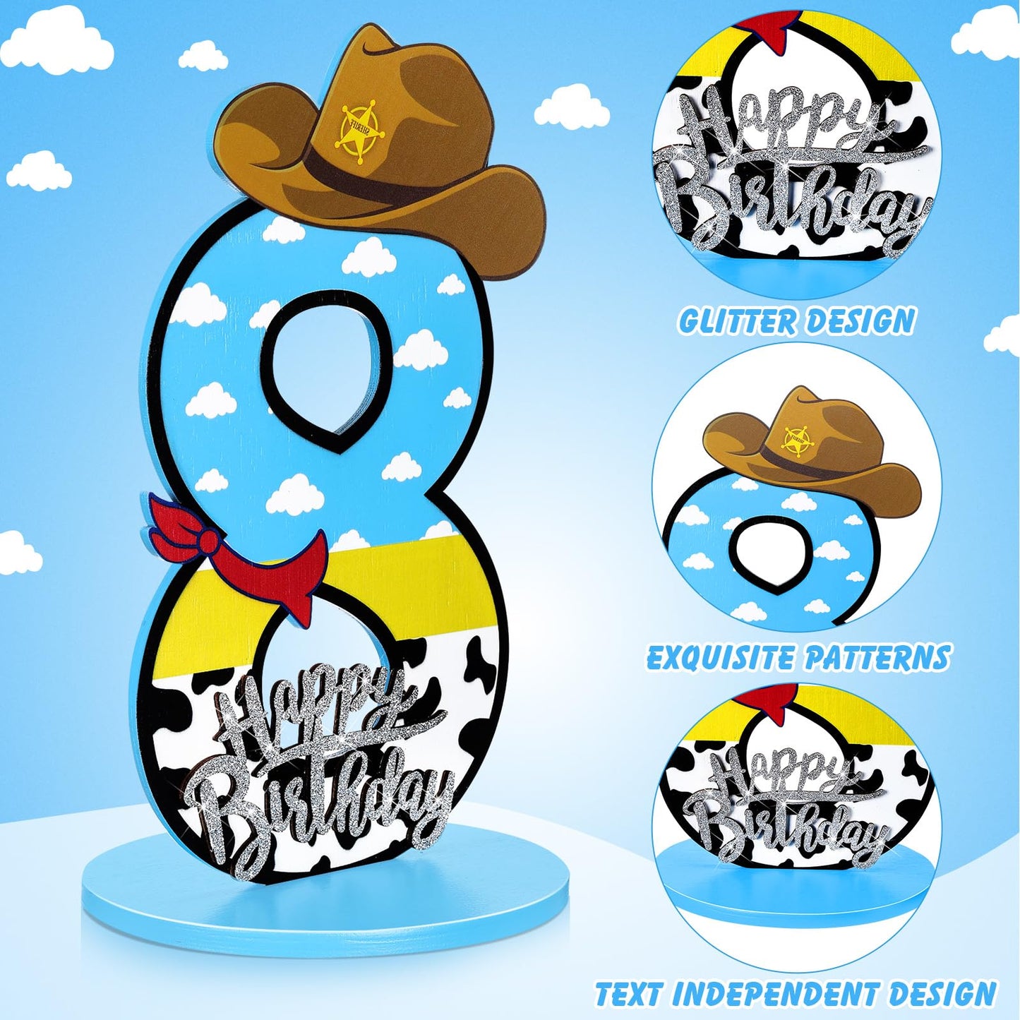 Vercraft Toy Theme 8th Birthday Party Number Centerpiece Cartoon Party Number Sign Blue Sky and White Cloud Cow Birthday Sign fo