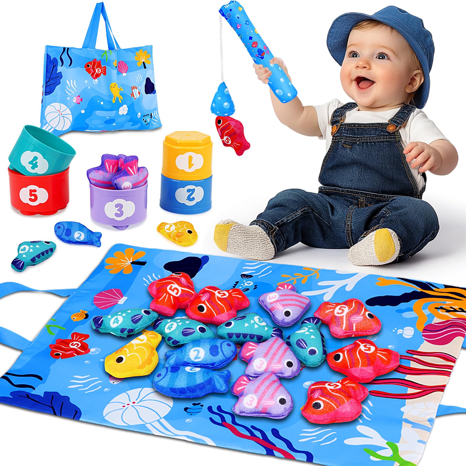 Montessori Toys For 1 Year Old: Cloth Fishing Game Baby Toys 6-12 12-18 Months With Stacking Cups - Sorting Learning Toddler Toy