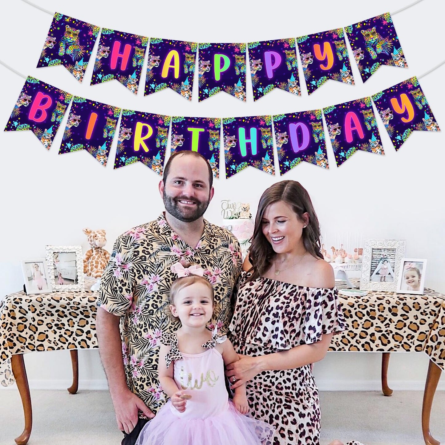 Cheereveal Rainbow Cheetah Happy Birthday Banner - Leopard Print Birthday Bunting Garland Decorations for Boys Girls, Jungle Saf