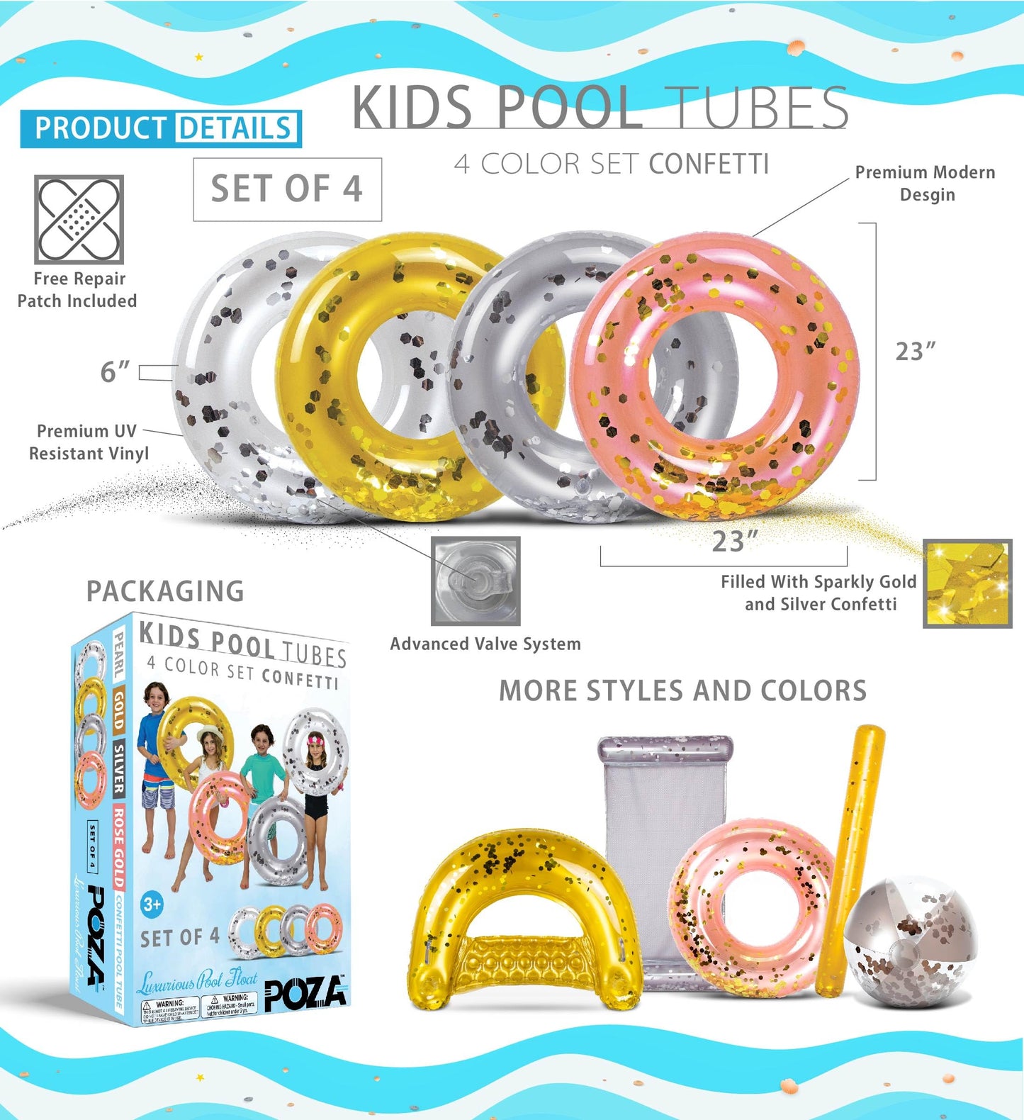4-Pack Kids Inflatable Pool Floats - Sparkly Confetti-Filled Glitter Pool Float Rings, Cute Pool Floats In Pearl, Silver, Rose Gold, And Gold; Floating Tube Swim Rings For Pool, Beach, Lake - 23 Inch