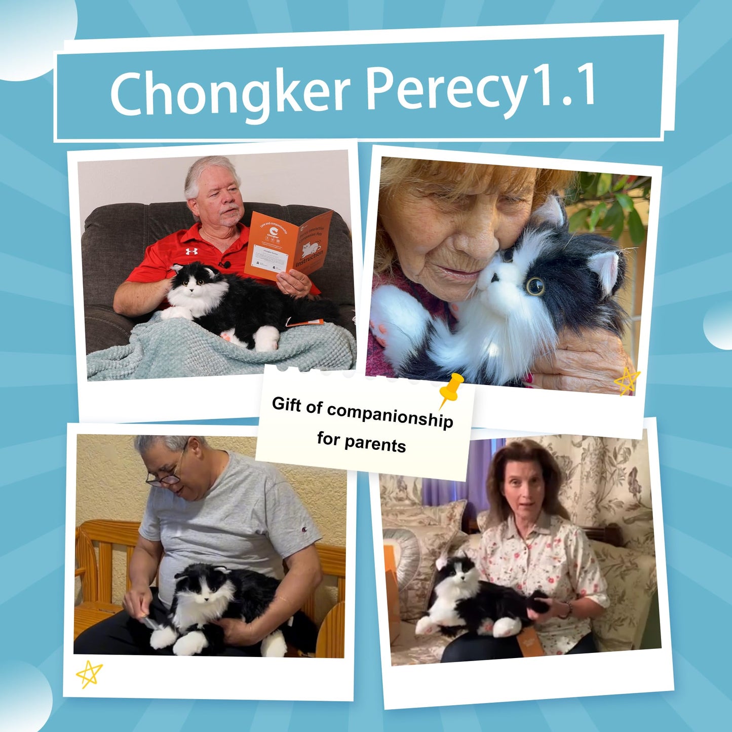 Chongker Interactive Cat Plush Toy - Weighted Stuffed Animal with Voice Response, Realistic Heartbeat & Purring, Black Color