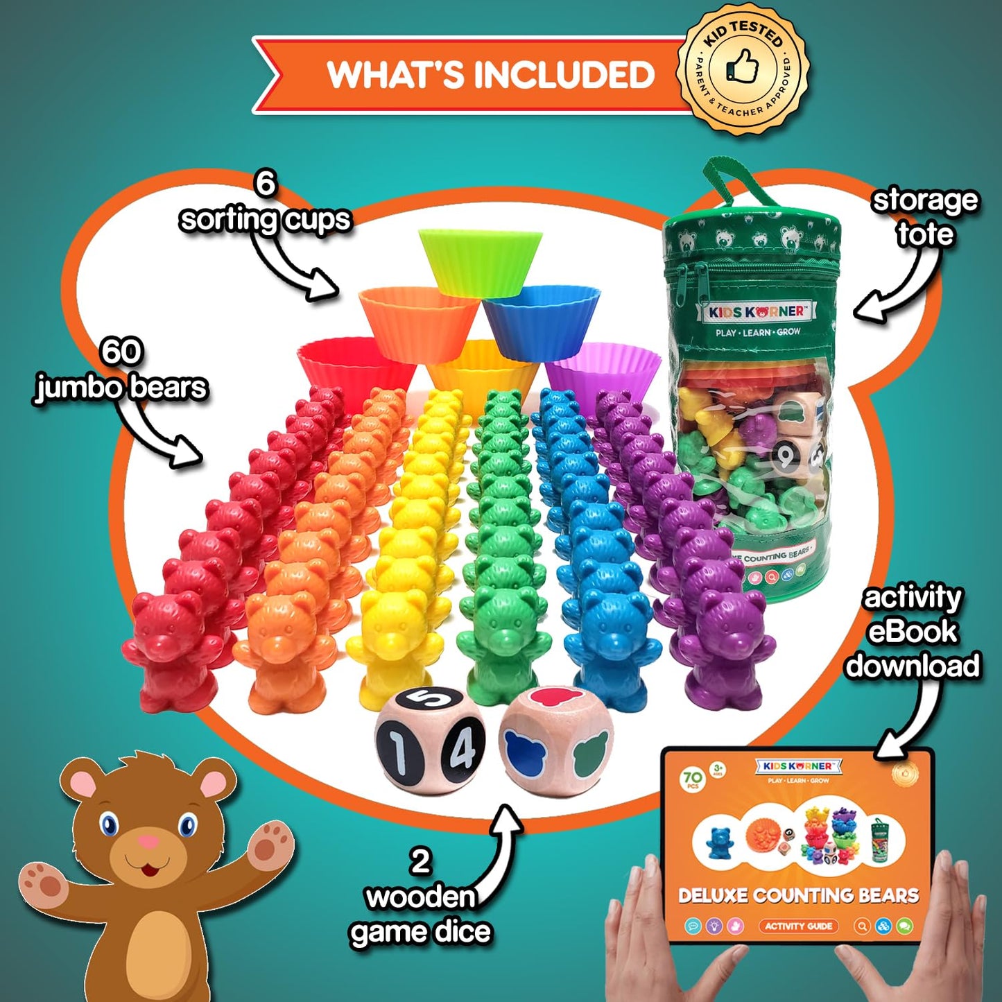KIDS KORNER Jumbo Counting Bears Game - Montessori Learning Toy, 60 Bears, 6 Cups, 2 Dice, Red/Orange/Yellow/Green/Blue/Purple
