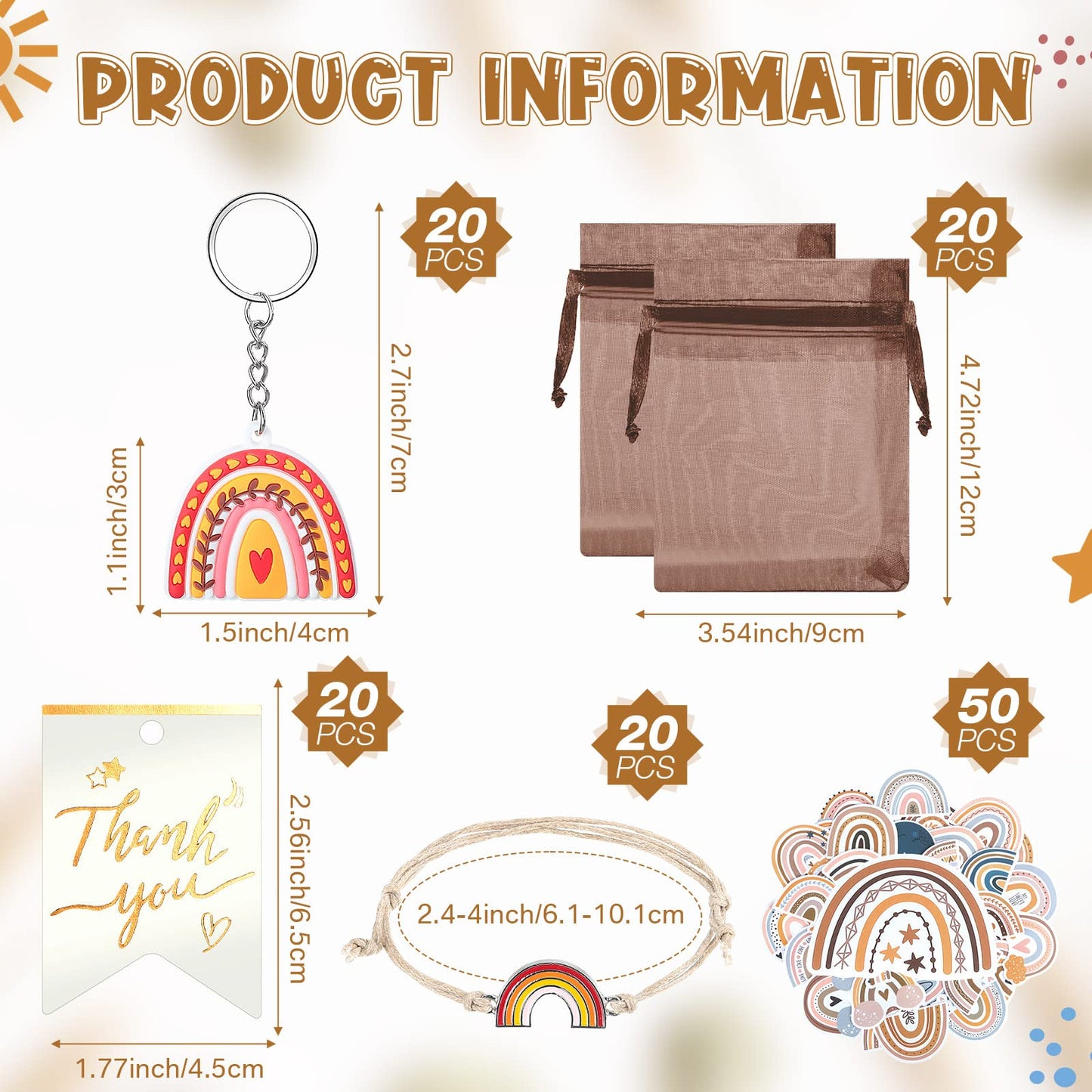Tuanse 130 Pcs Rainbow Party Favors Including 20 Bohemia Bracelet 20 Rainbow Keychains 50 Stickers 20 Organza Bags 20 Thank You