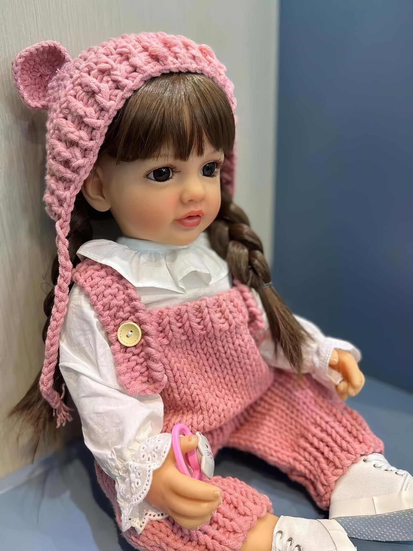 TERABITHIA 22 Inches Long Brown Hair Silicone Vinyl Full Body Anatomically Correct Lifelike Reborn Baby Doll Realistic Newborn Toddler Girl Dolls in Pink Woolen Set