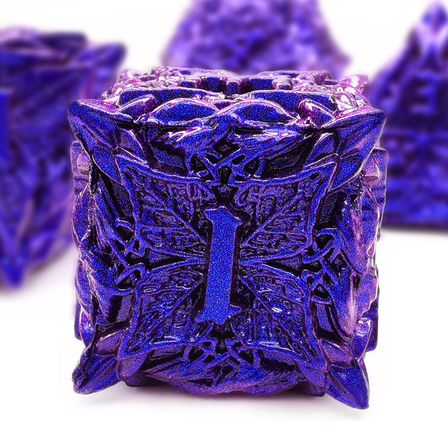 HAOMEJA Metal Vine Leaf Dice Set for DND - 7 Polyhedral D&D Solid Dice for Role Playing and Dungeons and Dragons (Blue Purple)