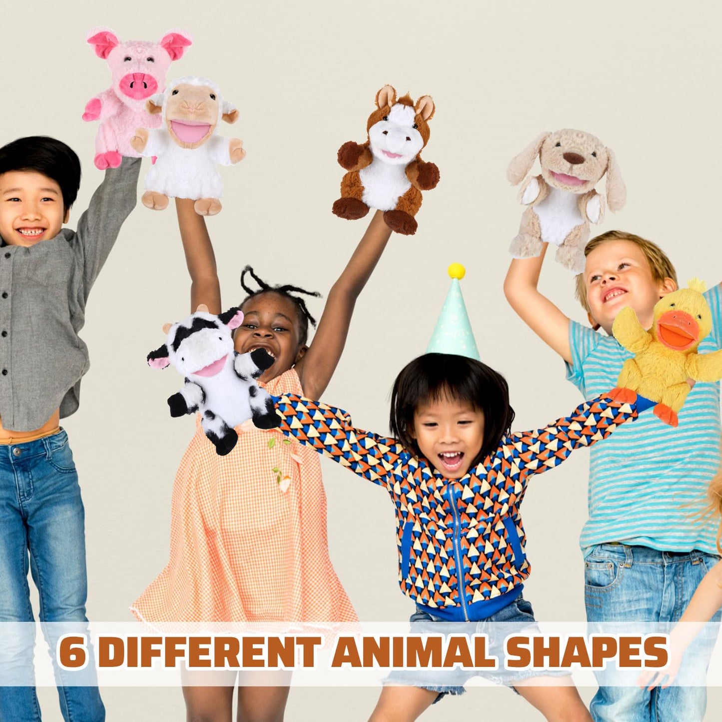 Liliful 6 Pieces Animal Hand Puppets Kids With Working Mouth Animal Puppets Toddler Plush Toy For Show Theater Birthday Easter Basket Stuffers(Farm Animal)