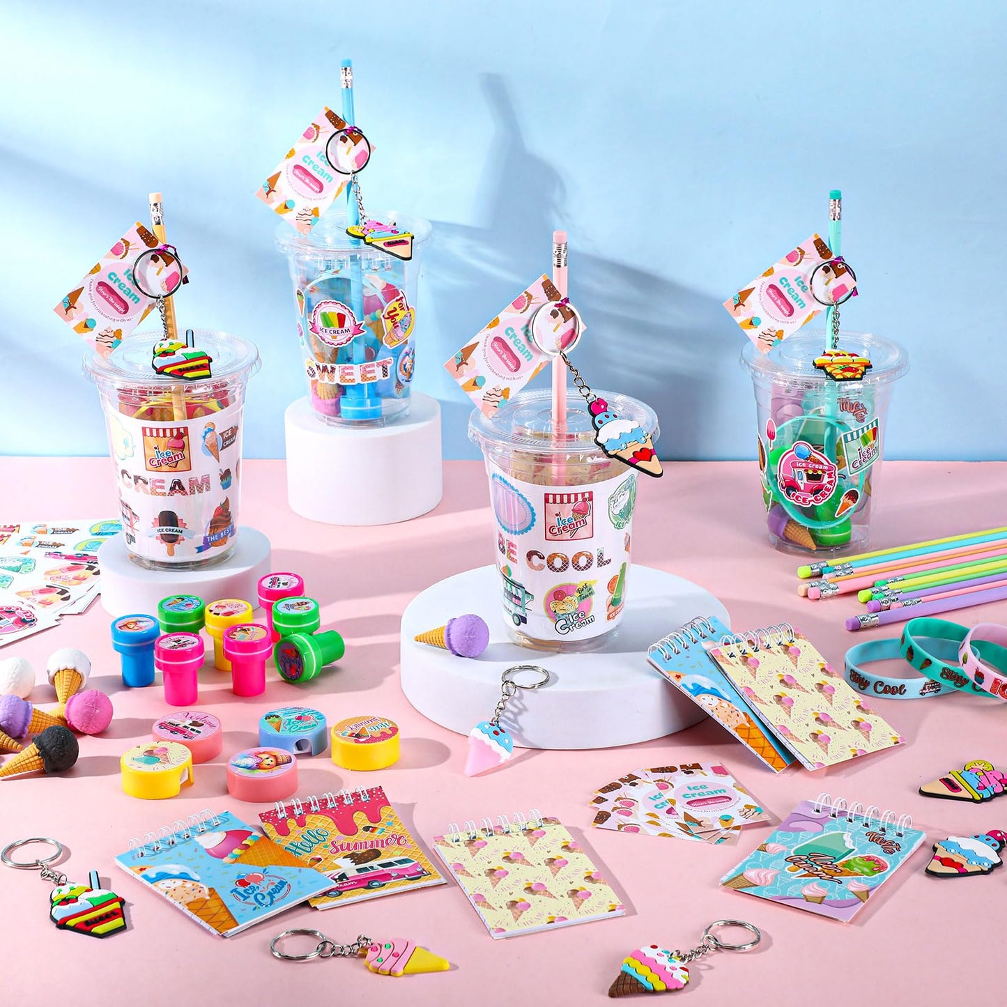 Colarr 161 Pcs Operation Christmas Ice Cream Party Favors Stationery Set Includes Cup Notebook Pencil Sharpener Eraser Keychain