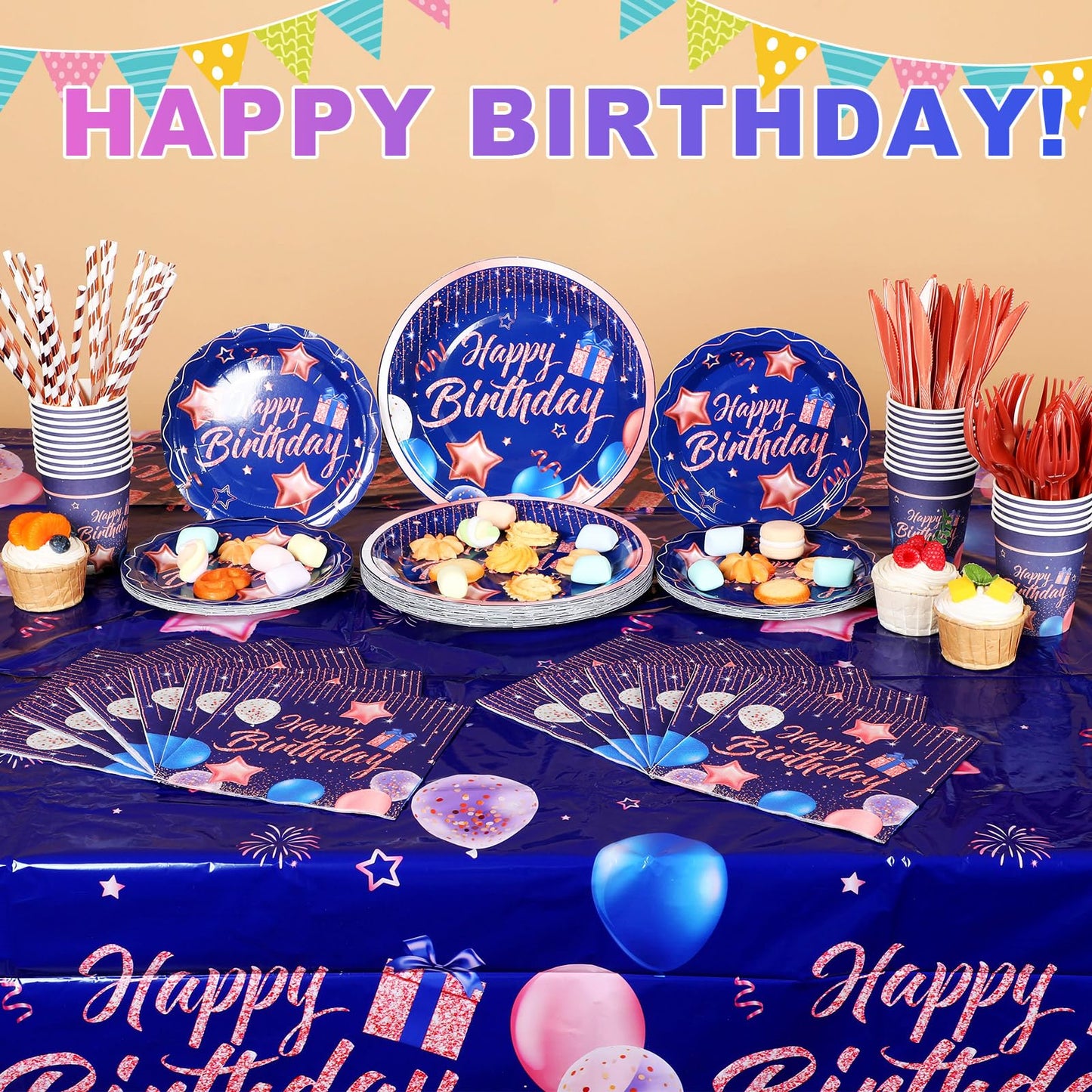 Norme 176 Pcs Navy Blue and Rose Gold Birthday Tableware Set Birthday Decoration Includes Tablecloth Paper Plates Napkins Paper