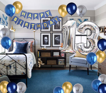 13Th Birthday Party Decoration For Boys, Birthday Banner Blue Number 13 Birthday Balloons Metallic Silver Blue Gold Latex Balloo