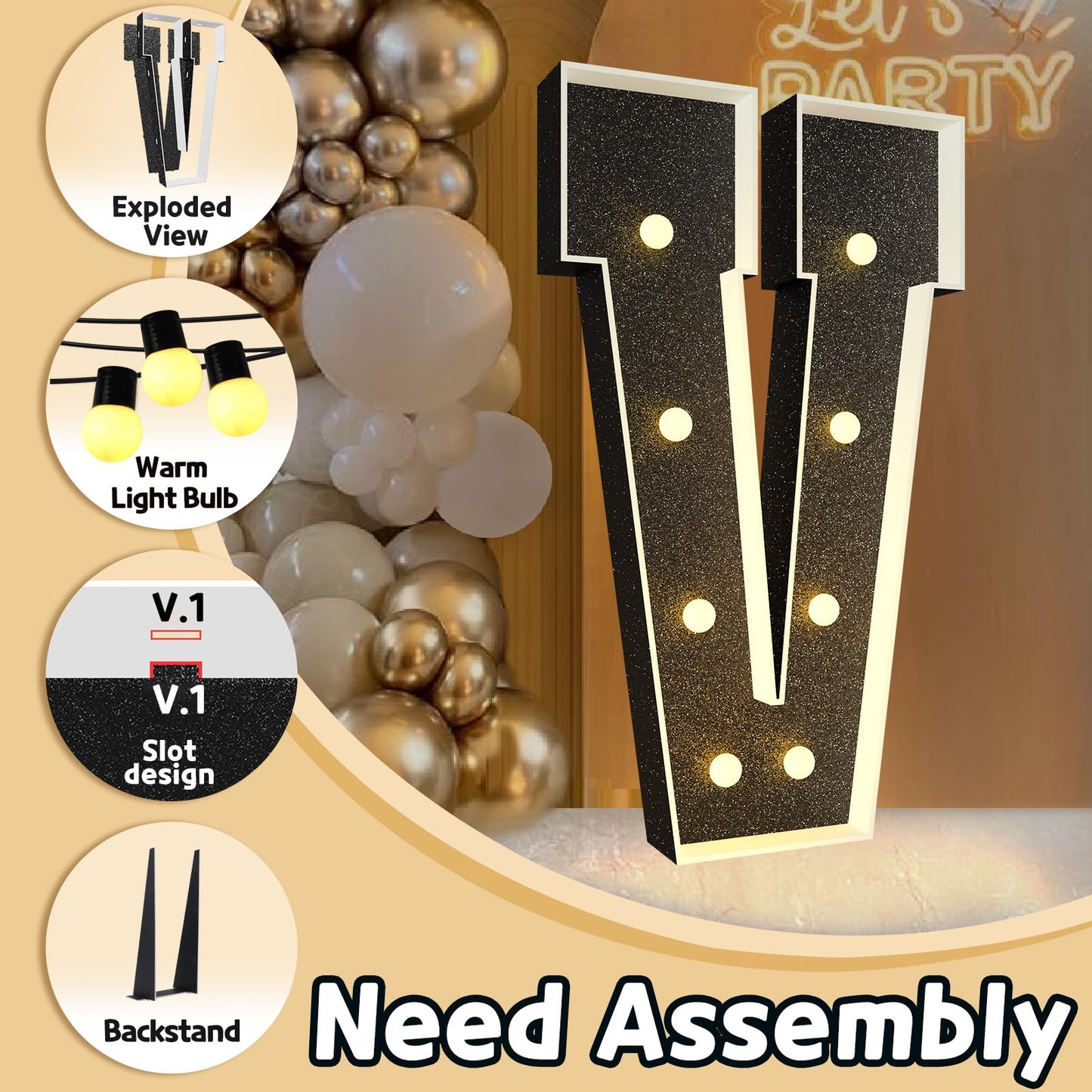 Imprsv Marquee Letters Black 3Ft: Black Party Decor - Light Up Letter V Large 3 Feet Tall - Party Decorations Letter For Birthda