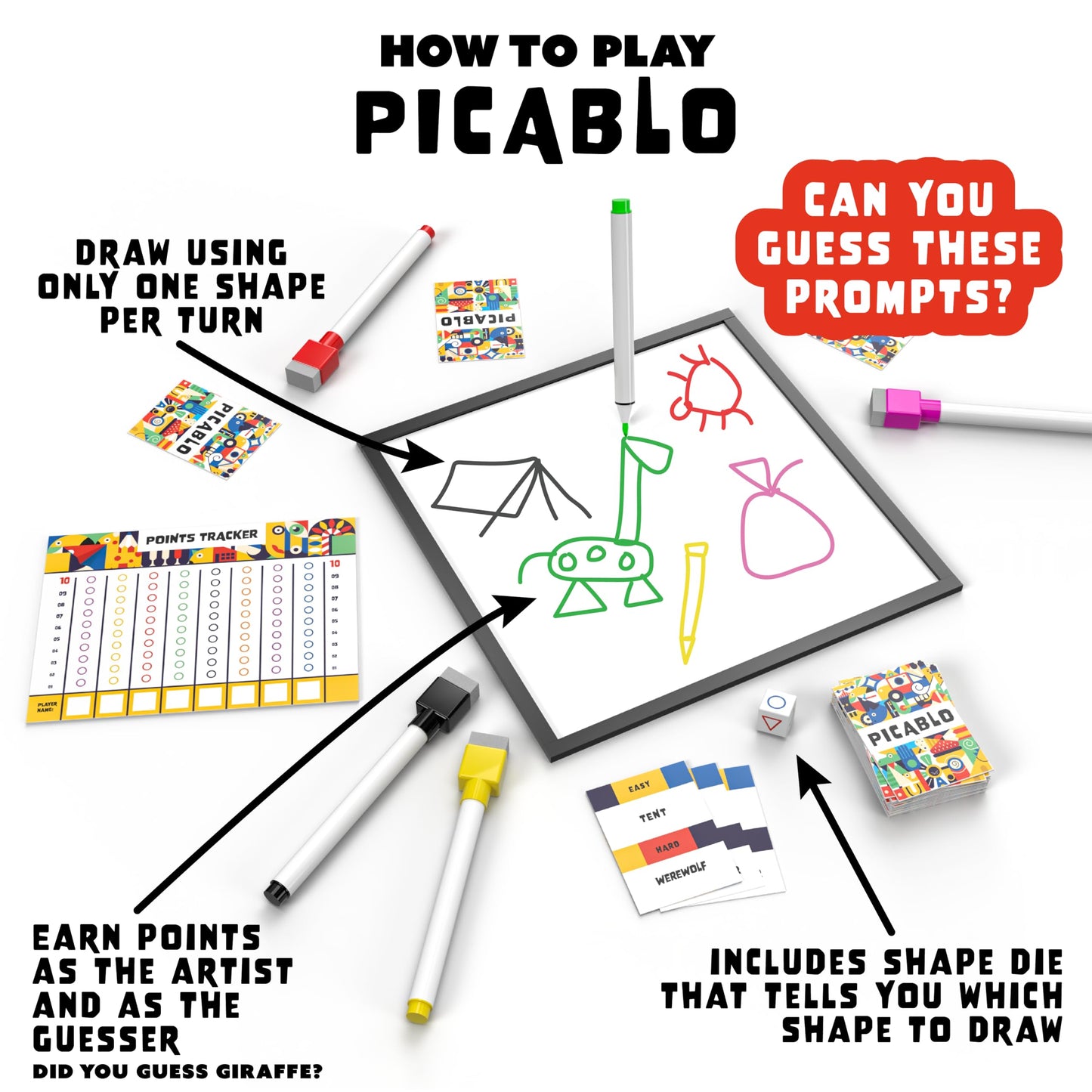 Picablo - The Shape Drawing Family Game, Fun For All Skill Levels, Party, Art, Sketch, Board Game For 2-8 Players, Competitive And Collaborative, Focused On Creativity And Teamwork