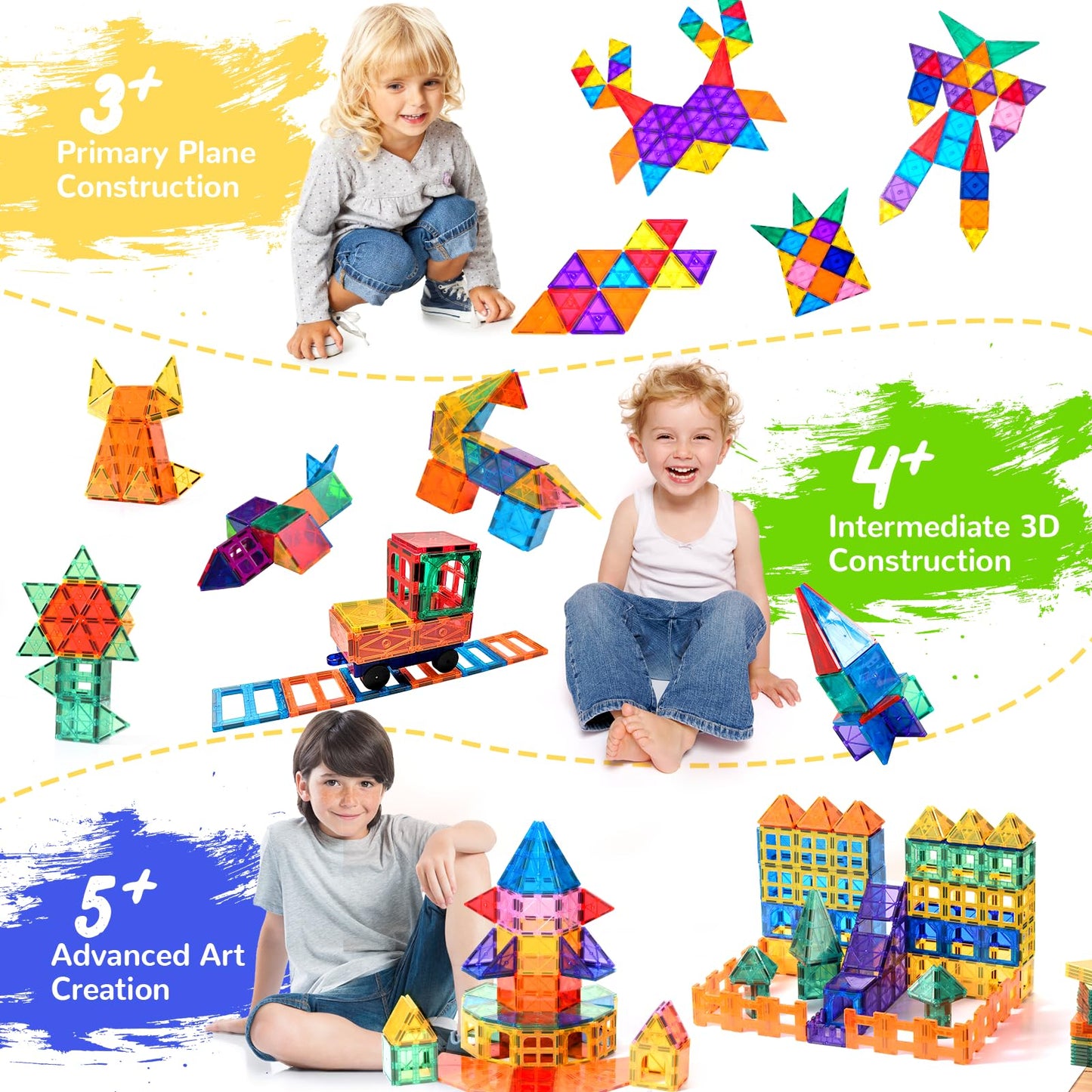 Urec Magnetic Tiles - 104 Pieces Magnetic Blocks For Kids, Magnet Tiles Building Blocks Set With 2 Cars, Construction Stem Toys Gift For Kids Boys 3 4 5 6 7 8 9+ Year Old