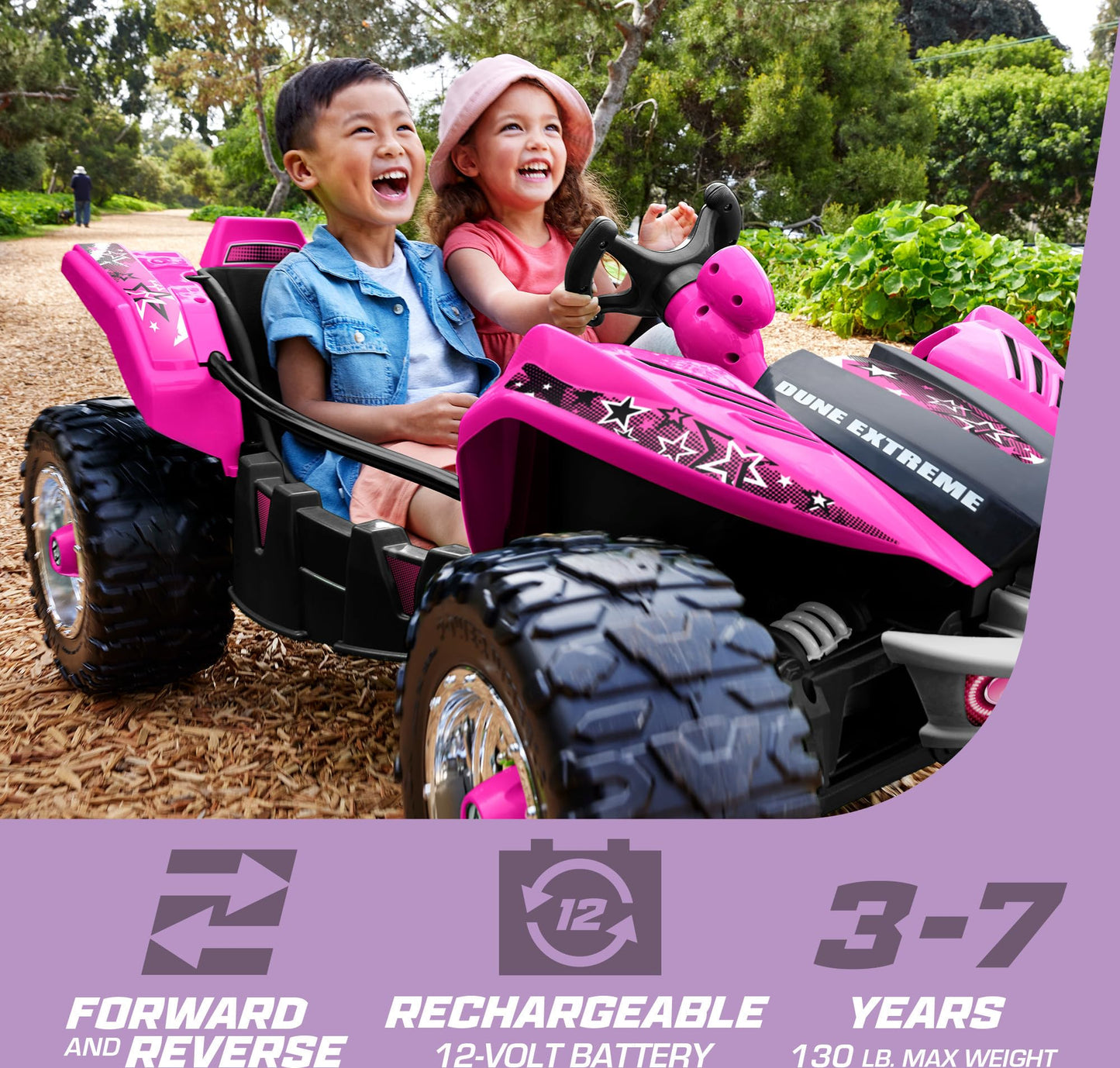 Power Wheels Dune Racer Extreme Ride-On Battery-Powered Vehicle For Preschool Kids, Multi-Terrain Traction, Seats 2, Pink
