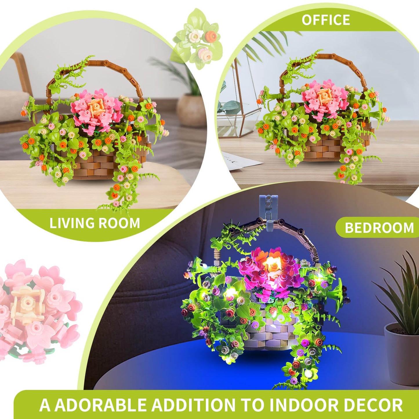 ZQJKLE Flower Basket Building Set with LED String Light  Flower Bouquet Building Blocks Wall Decor for Boys Girls Age 3+  Teen  mature-themed  Gift for Mother's Day  Christmas etc.