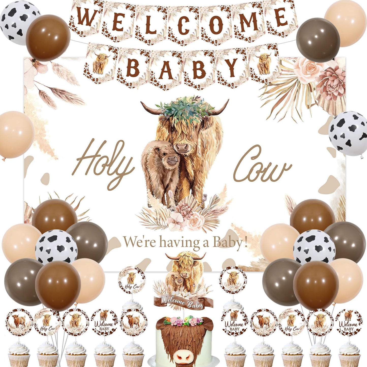 JOYMEMO Brown Highland Cow Baby Shower Decorations for Boy, Holy Cow We are Having a Baby Backdrop Decor with Welcome Baby Print