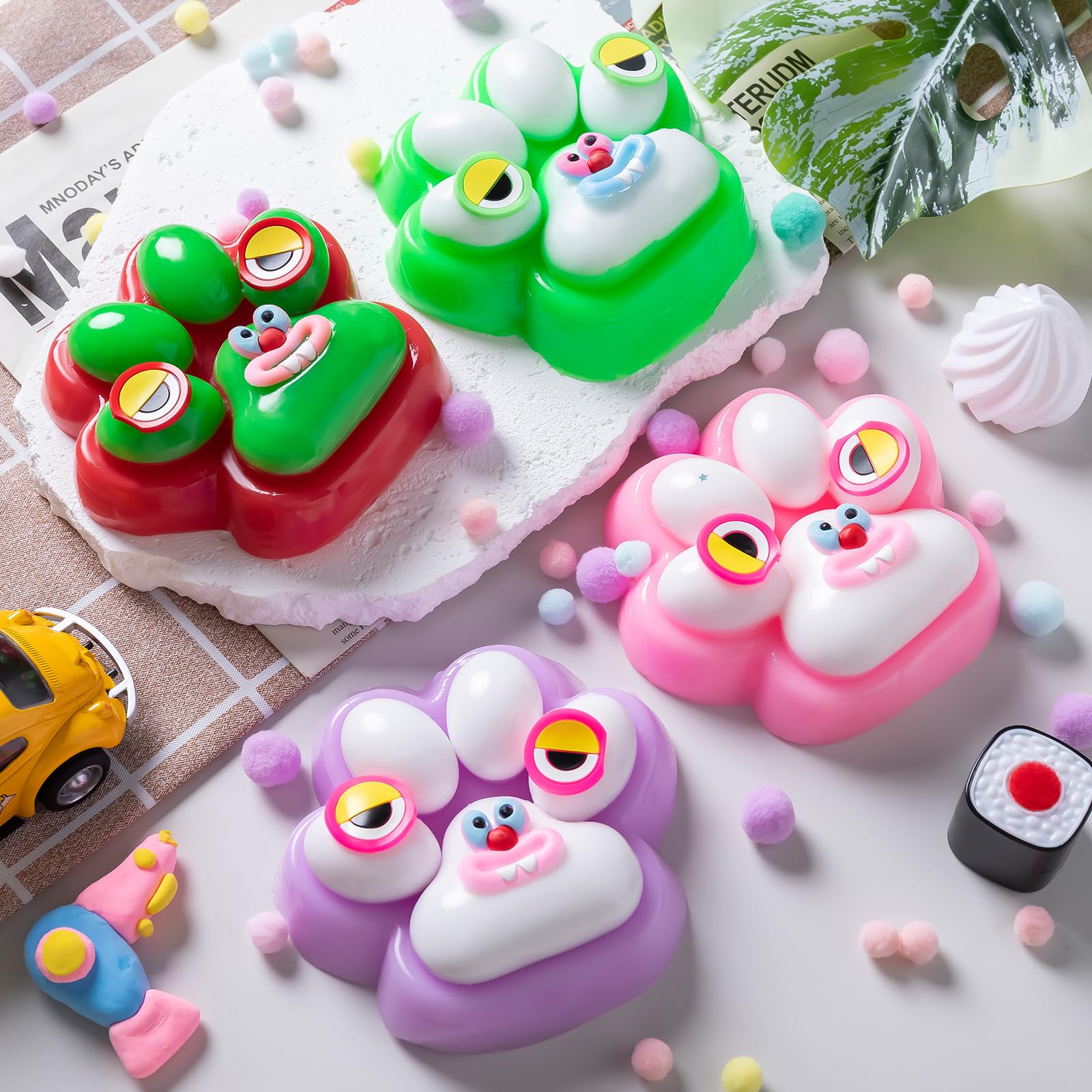 Taba Squishy 4 Pezzi - Giocattoli Antistress Morbidi A Forma Di Zampa Di Gatto, Pinguino E Biscotto - Palline Antistress In TPR Per Adulti E Ragazzi