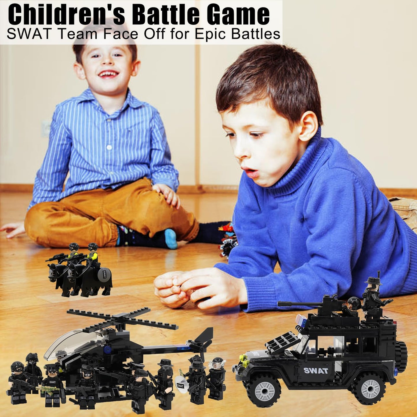 Koowants SWAT Set with 12 SWAT Officers  2 Mounted Police with Horse - 1 Helicopter  1 protective coveringed SWAT SUV Vehicle and 2 Motorcycle Safe & Durable ABS - Great Gift for Kids  Boys  and Collectors