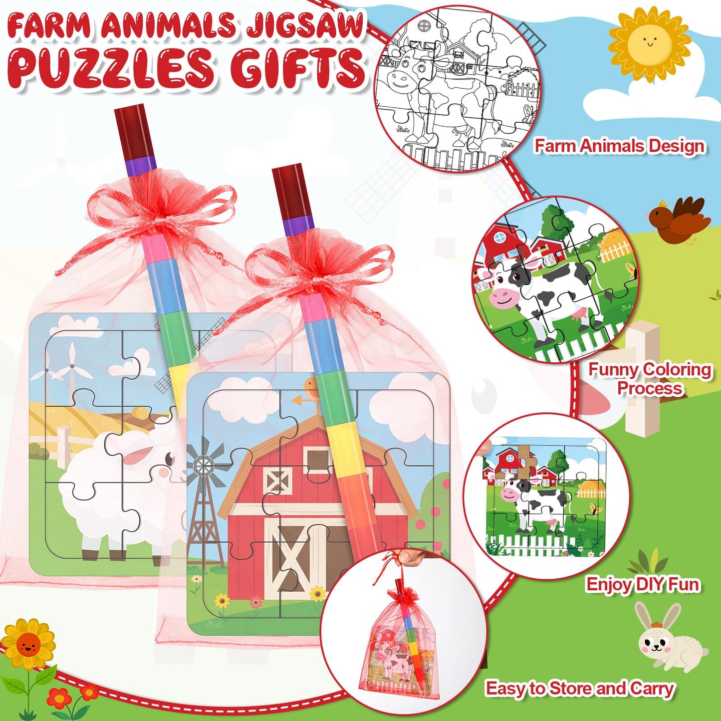 Fullhawl 12 Sets Farm Animal Puzzles Barnyard Color Your Own Puzzles DIY Barn Theme Jigsaw Crafts with 12 Stackable Crayons 12 Bags for Farmhouse Animal Gifts Birthday Party Supplies Favors