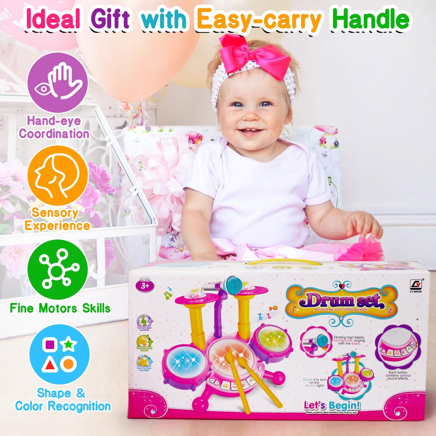 Basytodio Baby Toys 6-12 12-18 Months Musical Drum Set Toy With 2 Sticks Microphone Pink Toy For 1 2 Year Old Girl Music Instrument Learning Toddlers 0-2 1-3 3-5 Easter Gift For One Year Old Girls
