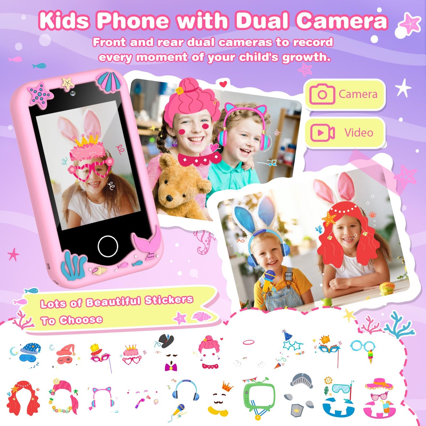 M SANMERSEN Kids Smart Phone - 2.8" Touchscreen, 32G SD Card, Dual Camera, 28 Games, Music Player - Light Pink, Age 3-10