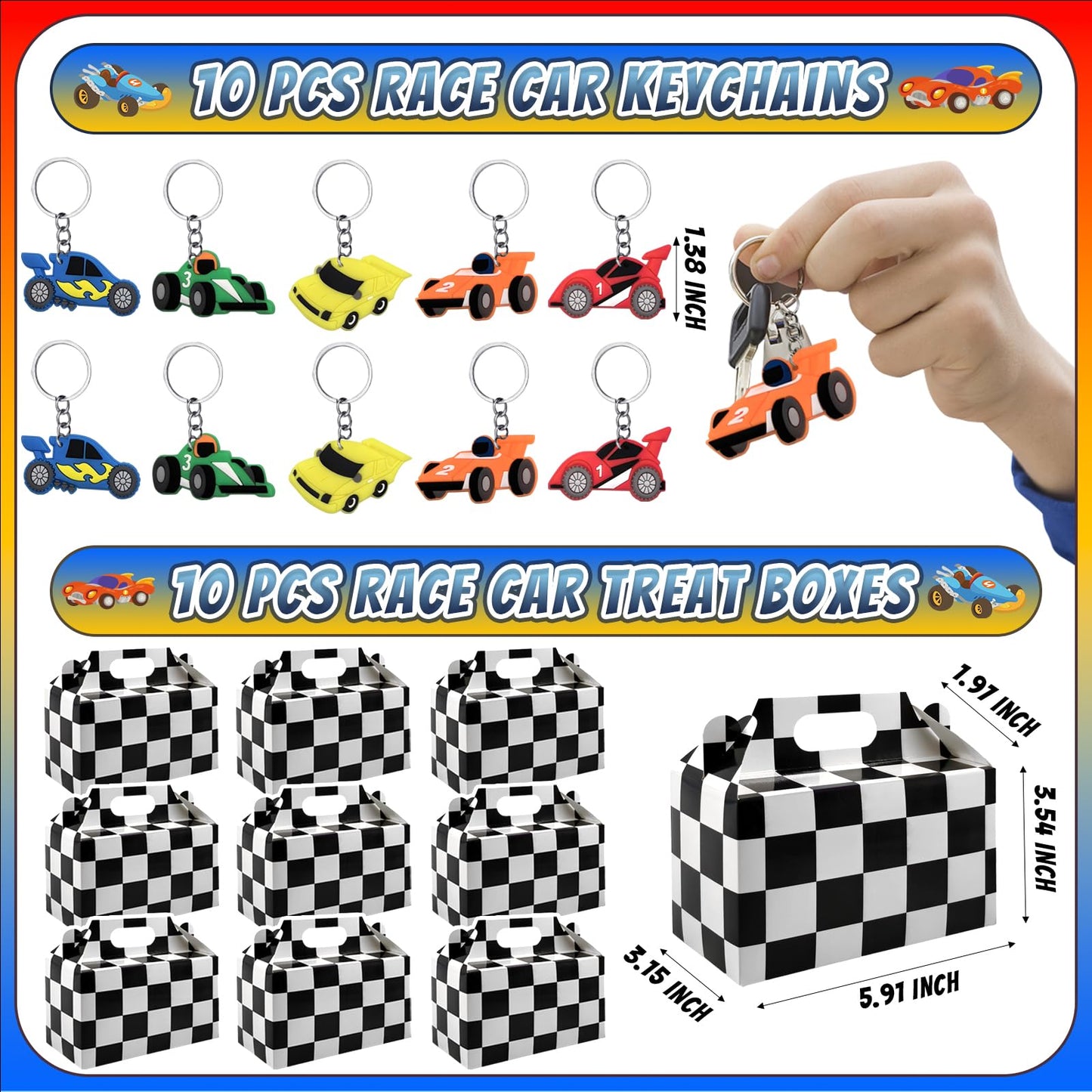 Joyvorite 120 Pcs Race Car Party Favors Set with Keychains Slap Bracelets Tattoo Stickers Wristbands Treat Boxes Treat Bags Stuf
