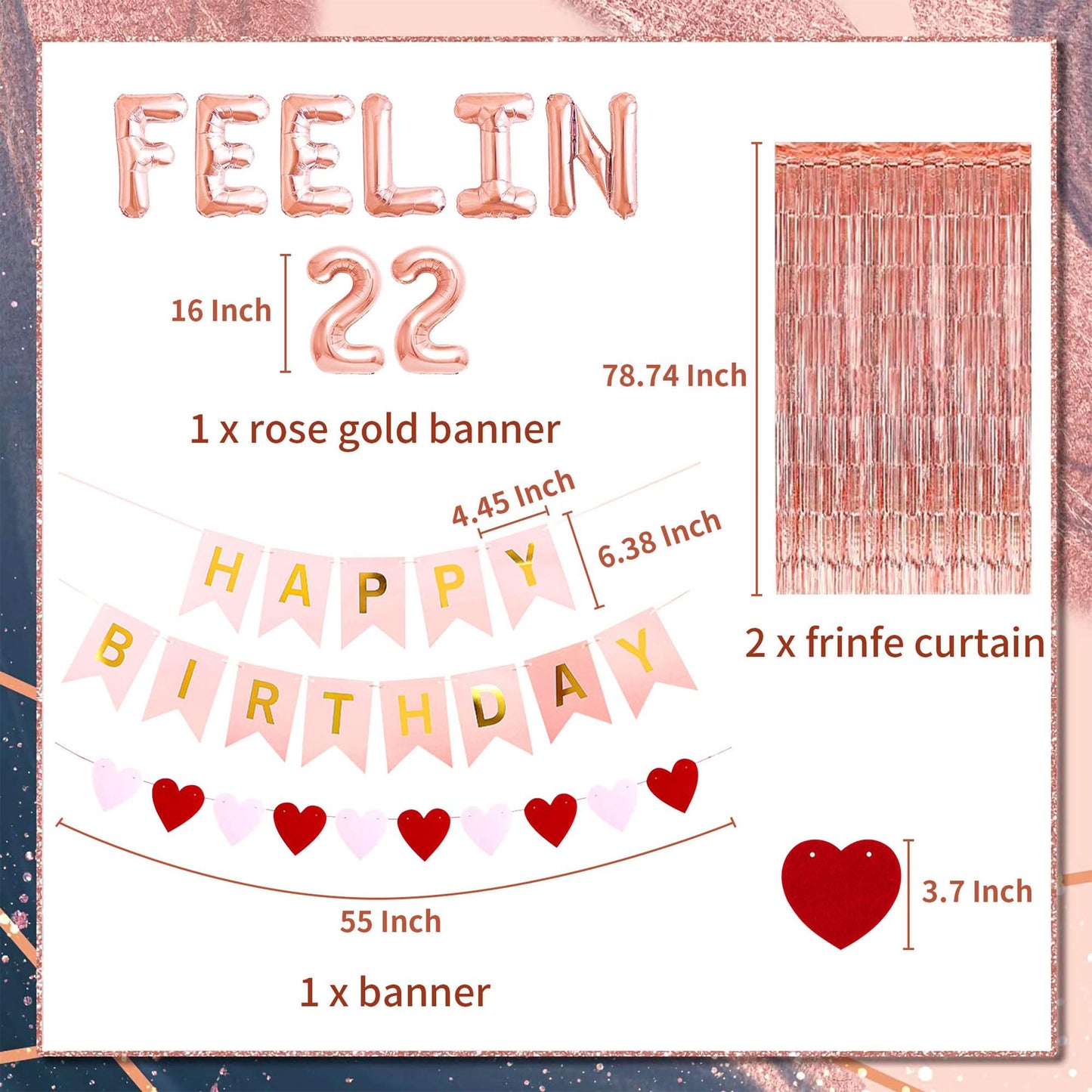LaVenty 66 PCS Feelin 22 Birthday Party Supplies - Balloons, Banner & Sash for 22nd Birthday Decoration