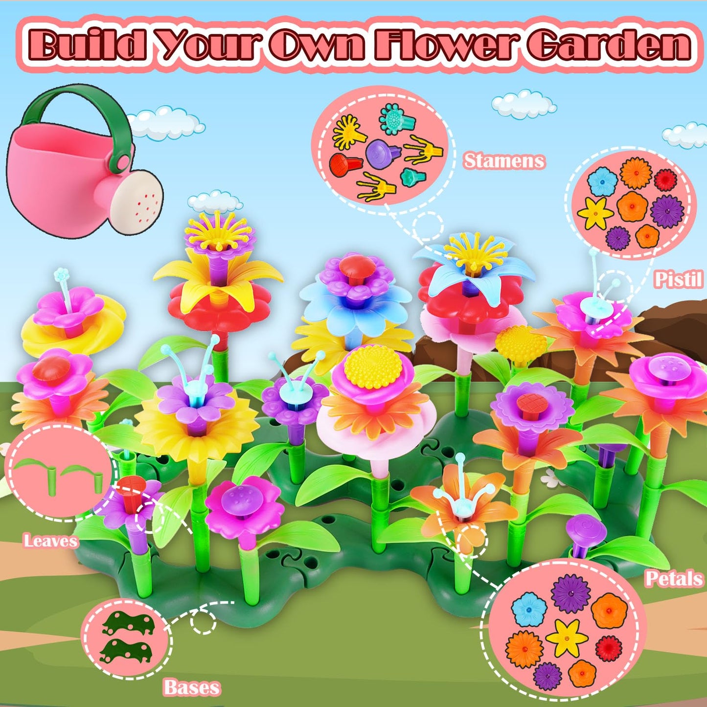 FUNZBO 99pcs Flower Garden Building Toys Set -Spring Toys for 3 4 5 6 7 8 9 Years Old Girls, STEM Montessori Educational Toys fo