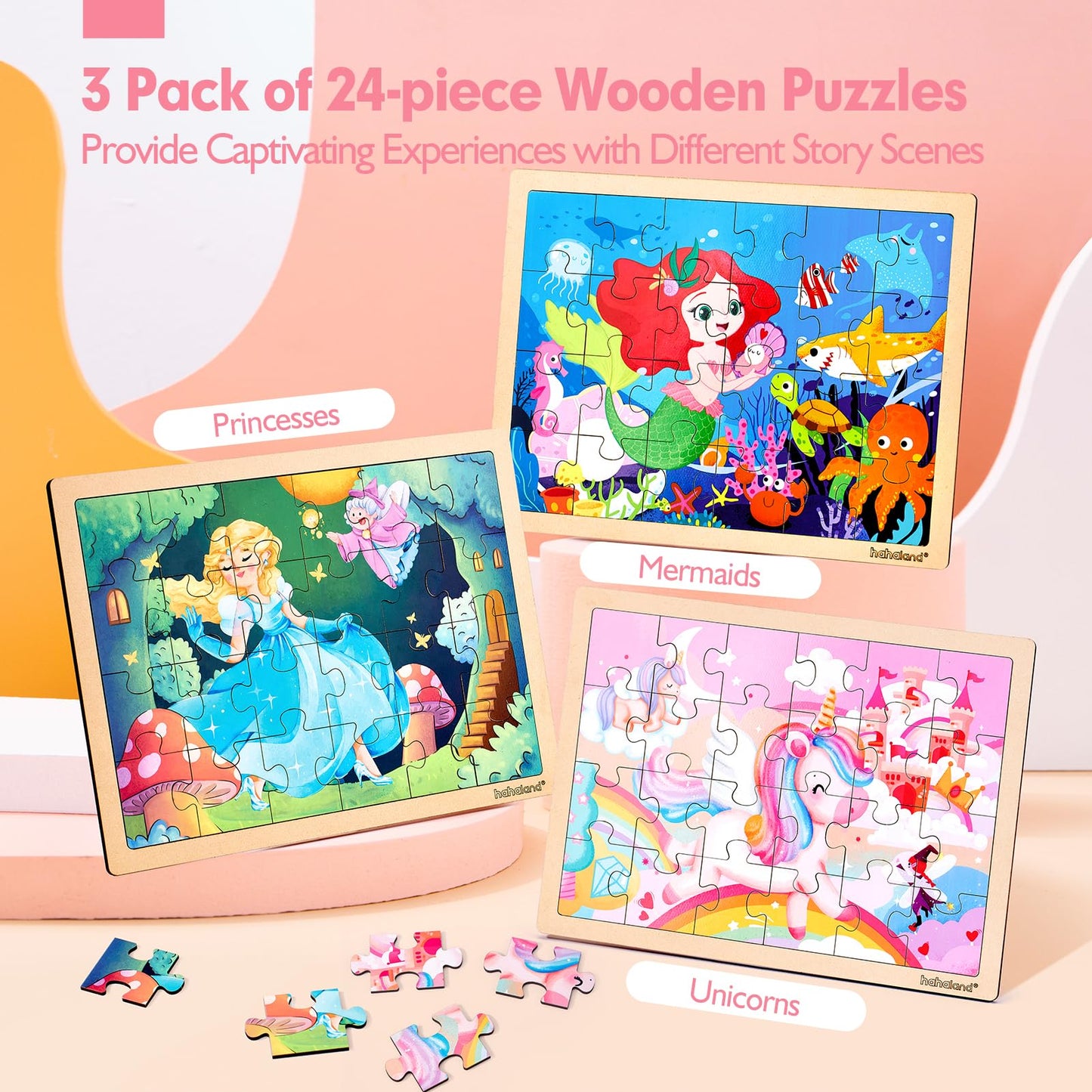 Hahaland Puzzles For Kids Ages 4-6 - 3 Pack Of 24 Piece Wooden Puzzles For Toddlers 3-5 - 3 Year Old Girl Gifts - 4 Year Old Girl Birthday Gifts - Unicorns, Mermaid, Princess