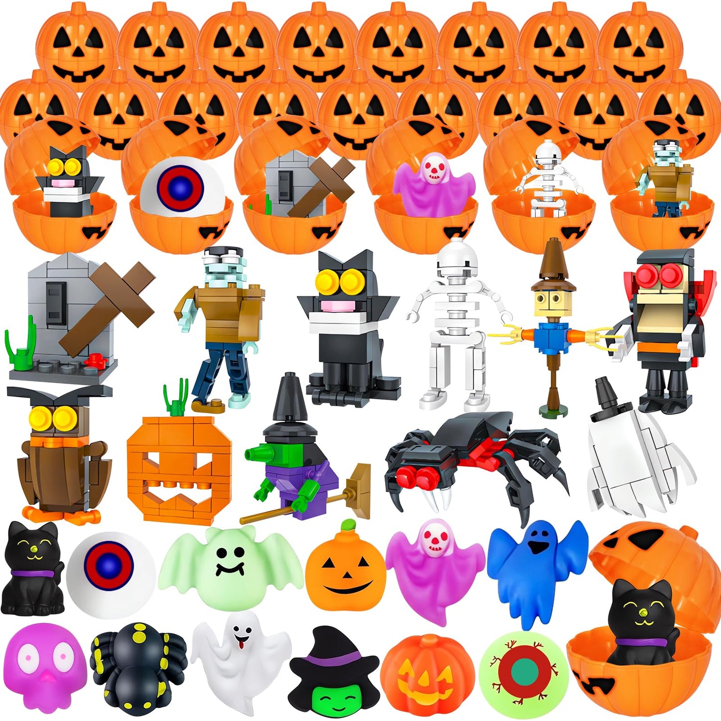 Halloween Party Favors for Kids, 48 Pcs Halloween Pumpkin with Halloween Squishy and Building Blocks, Halloween Goodie Bags Fill