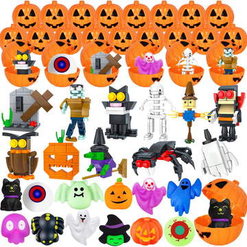 Halloween Party Favors for Kids, 48 Pcs Halloween Pumpkin with Halloween Squishy and Building Blocks, Halloween Goodie Bags Fill