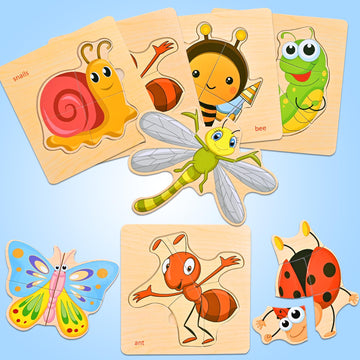 Faburo Wooden Puzzles for Toddlers, 8pcs Insect & Animal Shapes, Educational Montessori Toys for 1-3 Year Olds, Berry Color