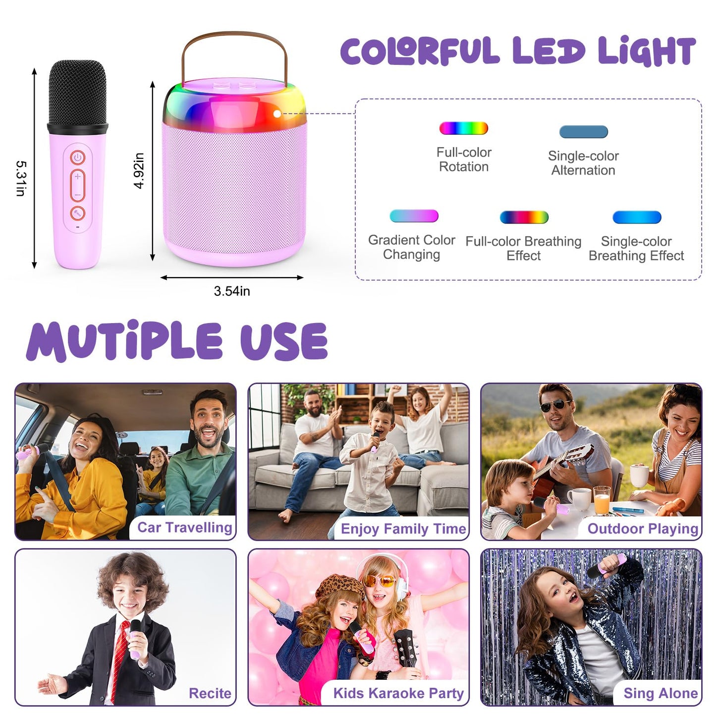 Iyoyo Mini Karaoke Machine For Kids Portable Bluetooth 5.3 Speaker Led Lights With 1 Wireless Microphone Karaoke Gifts For Girls Boys Audlt Birthday Christmas Solid Metal Body (Purple-1 Mic)