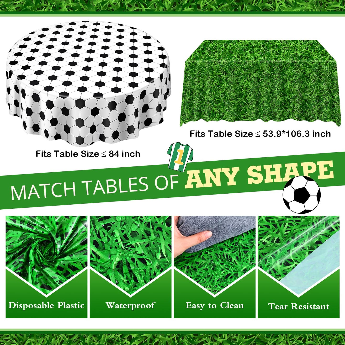 Funnymoom 4 Pack Round Soccer Tablecloth 84 Inch Plastic Soccer Grass Party Decorations Disposable Grass Table Cloth Washable Di
