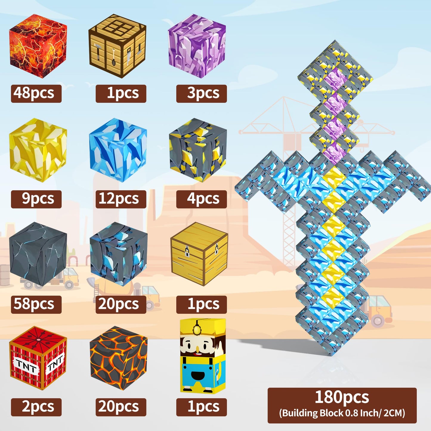 180PCS Magnetic Building Blocks for Kids - 0.8 Pixel Art Magnetic Cubes for Boys Ages 3 4 5 6 7 8-12  decorative replica blade Portal Magnet Block Set  STEM Sensory Educational Toys Ideal Birthday