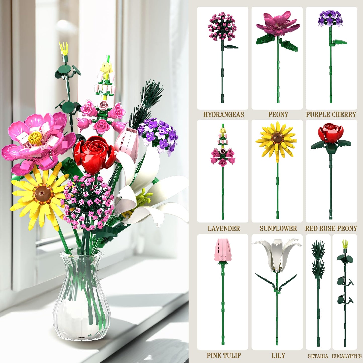 Linkowin Flower Bouquet Building Set, 699Pcs Creative Diy Plant Bouquet Decoration,10 Unique Flower Bouquet For Girls Women Adul