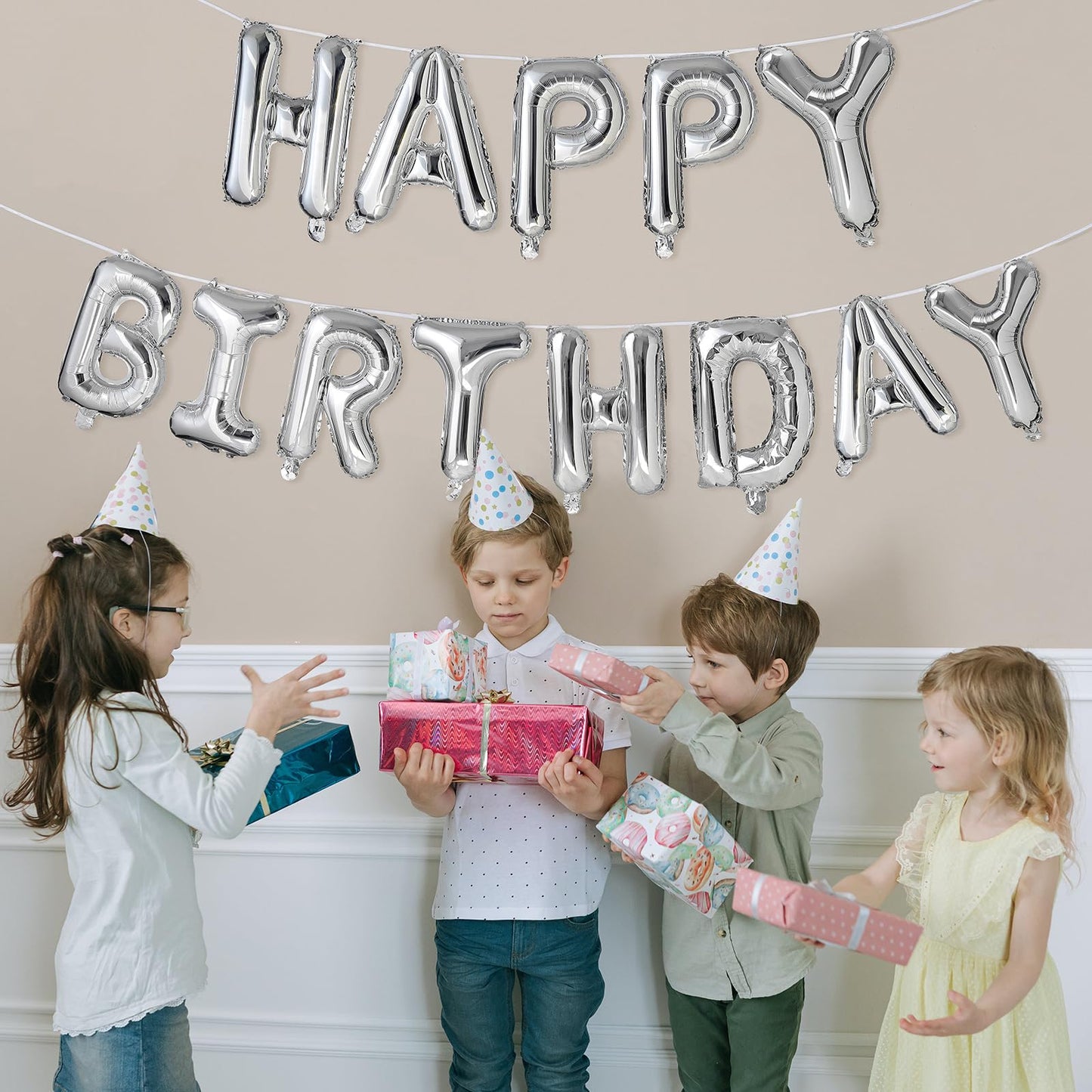 Yungsun Silver Happy Birthday Balloons Banner, 16 Inch Reusable 3D Letter Aluminum Foil Inflatable Letter Balloon Sign For Party