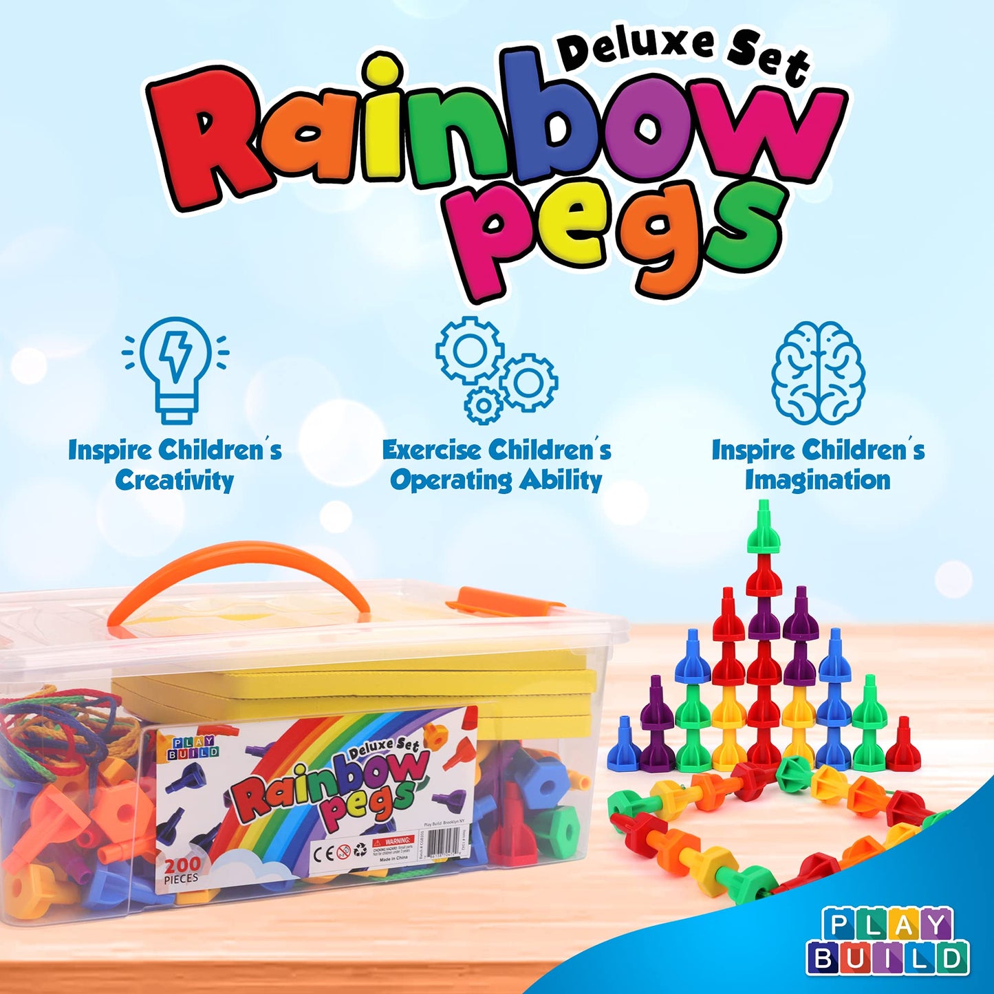 Play Build Rainbow Pegs And Board Deluxe 200Pc Set, Montessori Baby Toys, Stacking And Lacing Pegs, Baby And Toddler Toys, Play