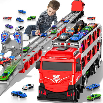 MSKOLER Racing Car Railway Truck Toy for Boys 2 3 4 5 6 7 Years Old - 78.7-inch Transport Carrier Trucks, Foldable Tracks Storag